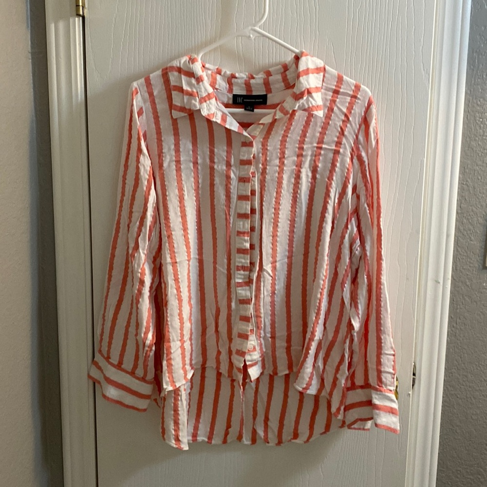 coral and white button up blouse